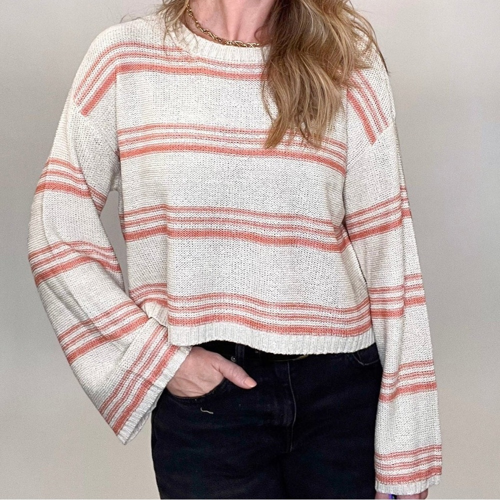 By Together coral and beige striped sweater w/ bell sleeves lightweight top